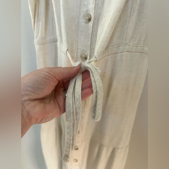 Lucky Brand Cream Linen Blend Button Front Midi Dress Size M Pockets Tie Waist - Picture 7 of 9
